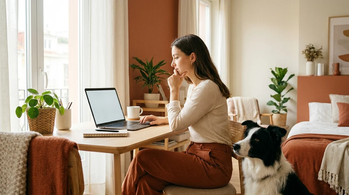 Junge Frau am Schreibtisch mit Laptop bei der Prüfungssimulation zum Sachkundenachweis Hund NRW, Border Collie daneben