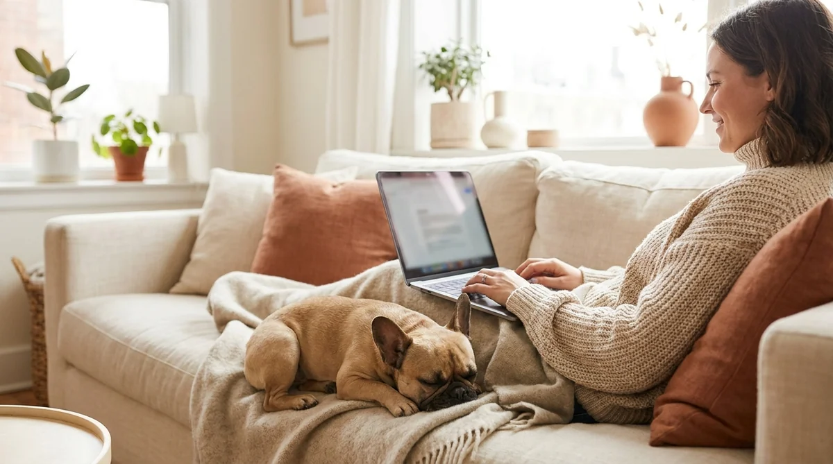 Person auf dem Sofa mit Laptop bei der Prüfungssimulation zum Sachkundenachweis Hund NRW, Französische Bulldogge daneben
