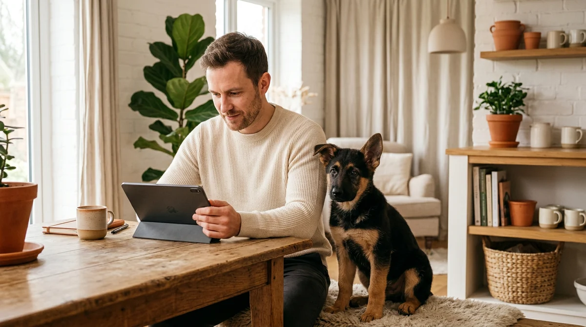 Mann am Tisch mit Tablet bei der Prüfungssimulation zum Sachkundenachweis Hund NRW, Schäferhundwelpe daneben