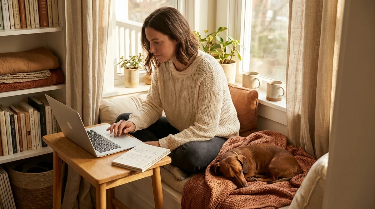 Frau in der Leseecke mit Laptop bei der Prüfungssimulation zum Sachkundenachweis Hund NRW, Dackel daneben