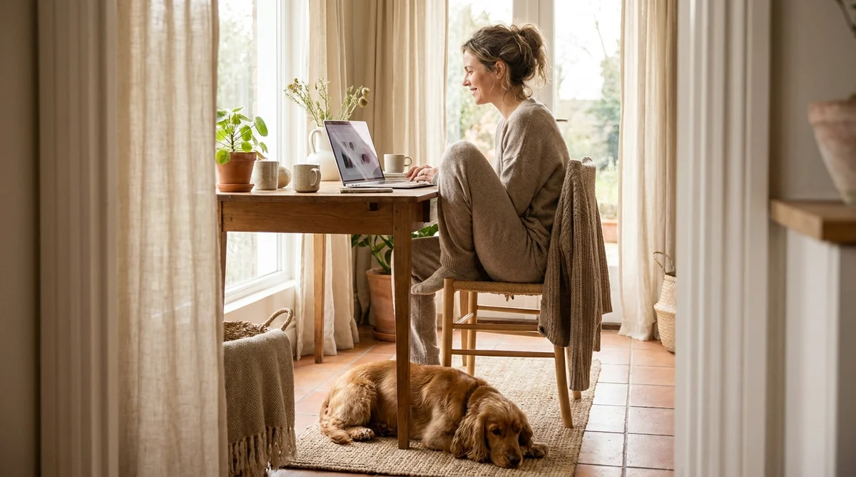 Frau am Schreibtisch mit Laptop bei der Prüfungssimulation zum Sachkundenachweis Hund NRW, Cocker Spaniel daneben