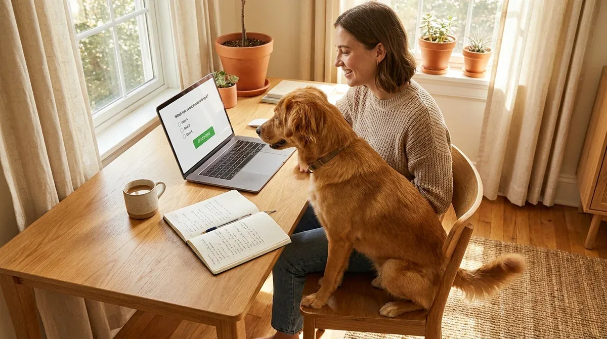Frau übt am Laptop die Prüfungssimulation für den Sachkundenachweis Hunde NRW, ihr Hund schaut zu
