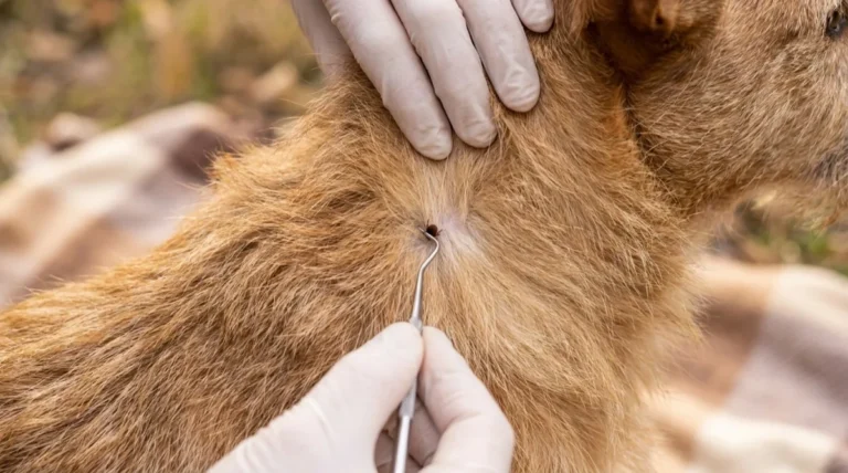 Zecke wird beim Hund mit einer Zeckenzange nah an der Haut entfernt