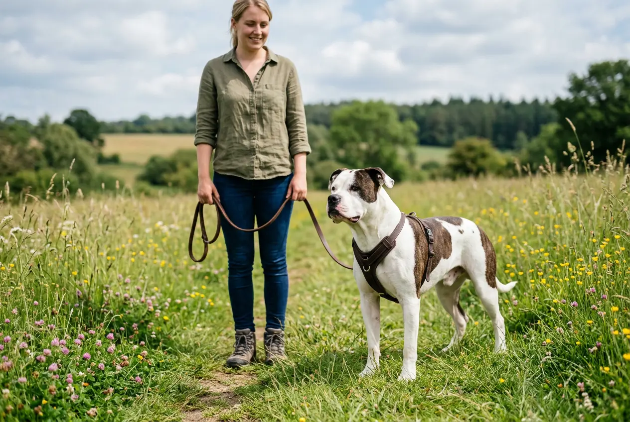 American Bulldog steht entspannt angeleint neben seinem Halter auf einer Wiese