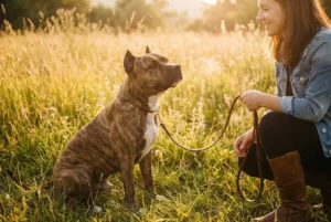 American Staffordshire Terrier sitzt entspannt angeleint neben seiner Halterin auf einer Wiese