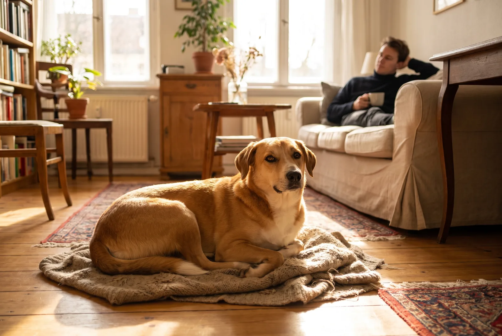 Mischlingshund aus dem Auslandstierschutz liegt entspannt auf einer Decke im Wohnzimmer