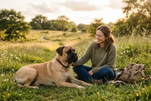 Rehbrauner Bullmastiff liegt entspannt auf einer Wiese neben seiner Halterin
