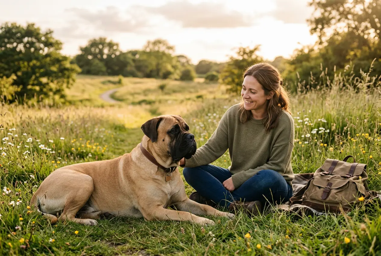 Rehbrauner Bullmastiff liegt entspannt auf einer Wiese neben seiner Halterin