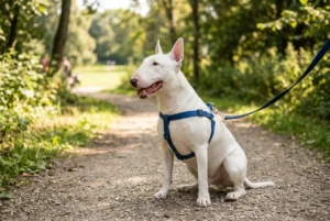 Weißer Bullterrier mit typischem Kopfprofil sitzt entspannt angeleint auf einem Weg