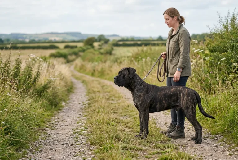 Cane Corso geht ruhig angeleint neben seiner Halterin auf einem Feldweg