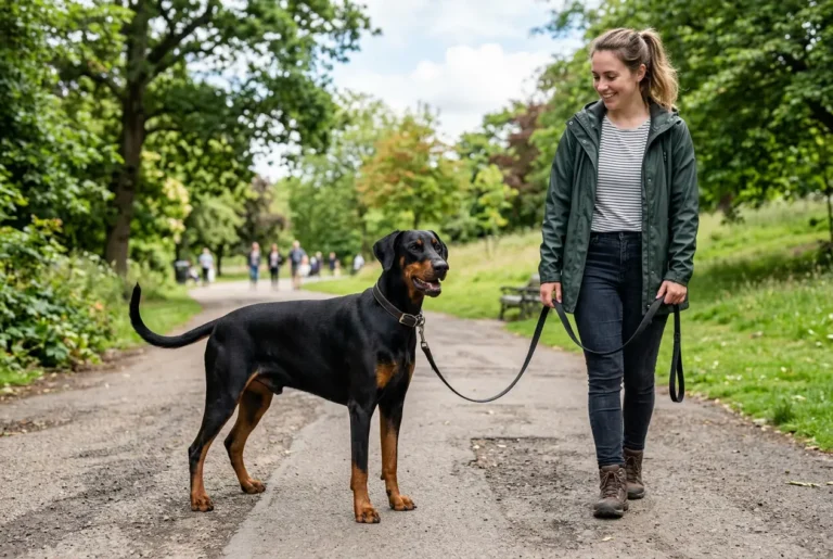 Dobermann mit unkupierten Ohren und Rute geht entspannt angeleint neben seiner Halterin