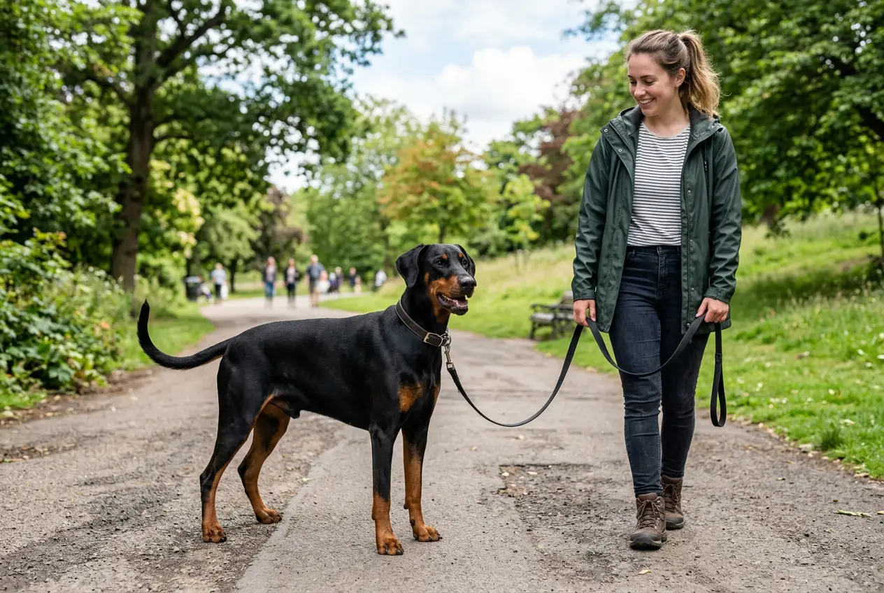 Dobermann mit unkupierten Ohren und Rute geht entspannt angeleint neben seiner Halterin