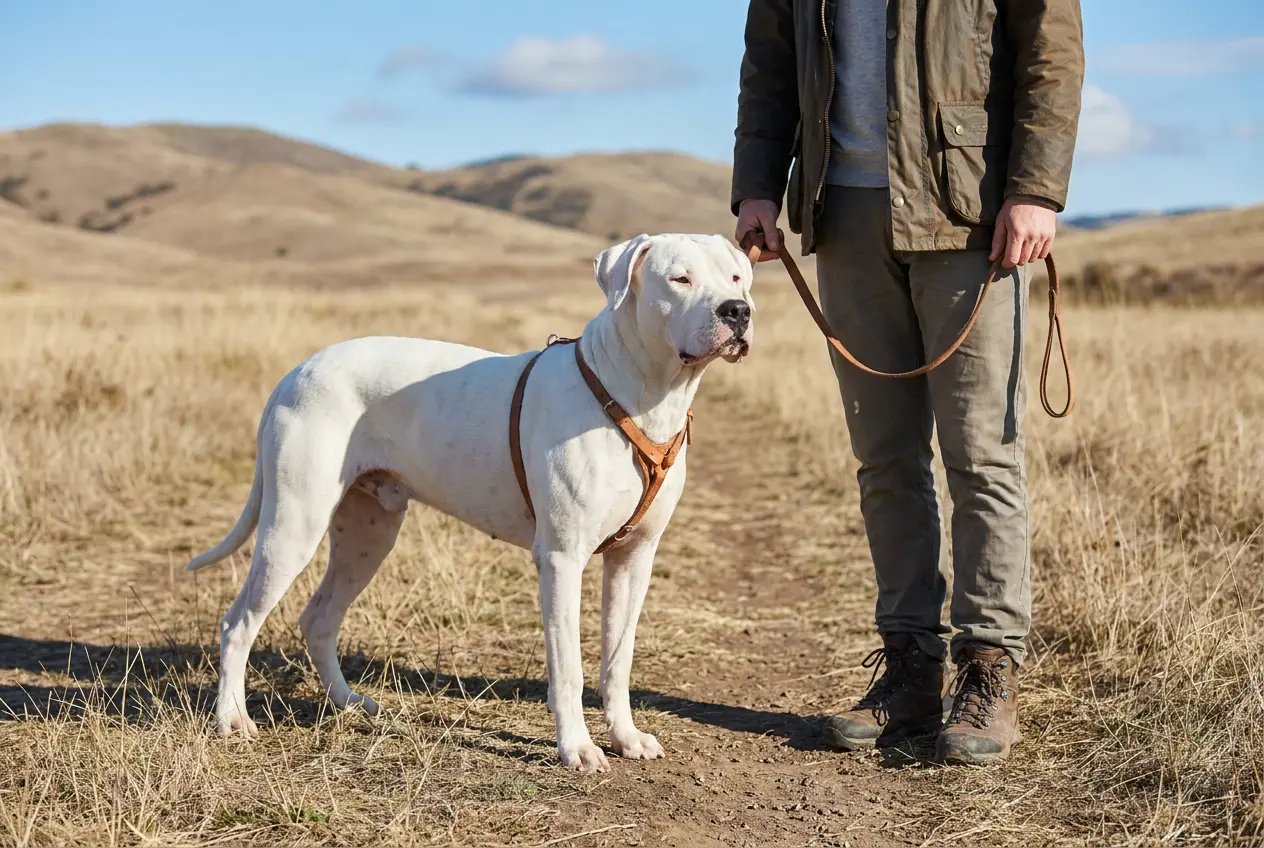 Weißer Dogo Argentino steht aufmerksam angeleint neben seinem Halter auf einem Feldweg