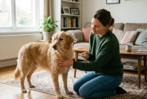 Halter misst bei einem ruhig stehenden Hund die Temperatur mit einem digitalen Thermometer