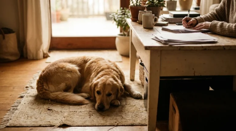 Hund anmelden: Halterin füllt am Tisch ein Formular aus, der Hund sitzt ruhig daneben