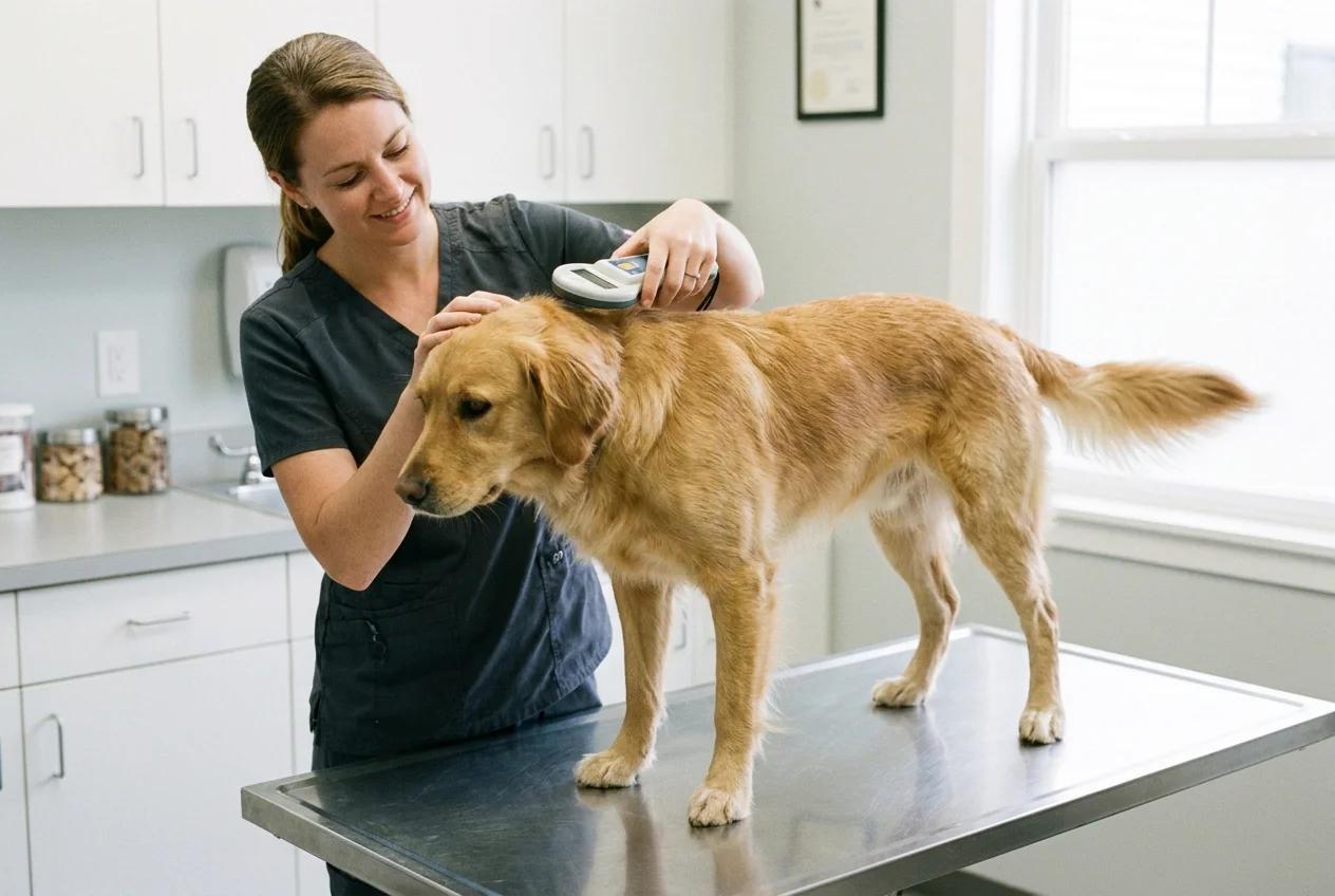 Tier&auml;rztin liest den Mikrochip eines entspannten Hundes mit einem Handlesegerät aus
