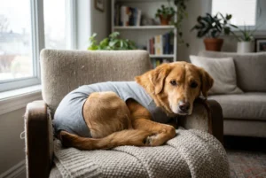 Hund liegt nach der Kastration entspannt mit Schutzbody auf einer Decke