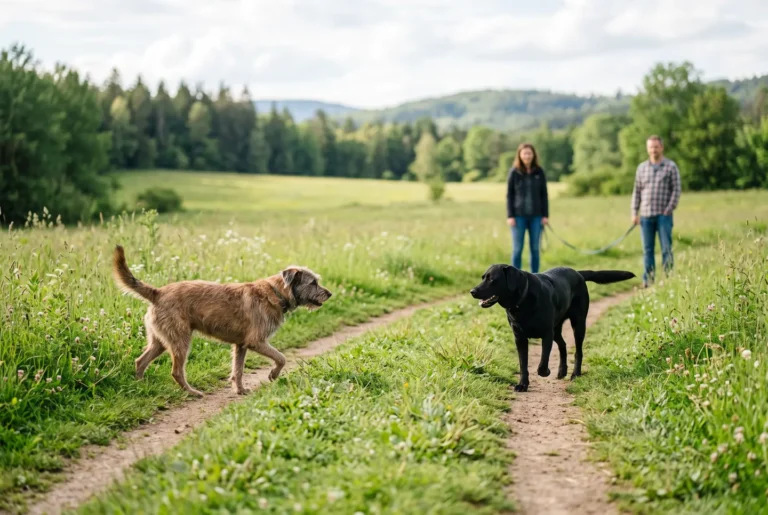 Zwei Hunde begegnen sich entspannt im Bogen auf einer Wiese