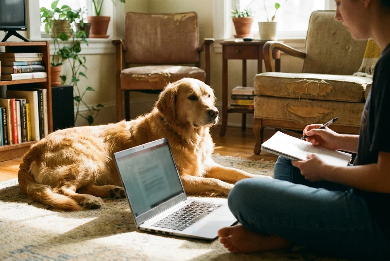 Hundehalter bereitet sich am Laptop auf den Hundef&uuml;hrerschein NRW vor, der Hund liegt daneben
