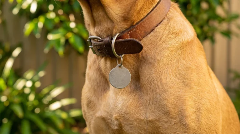 Hundesteuer: Hundemarke hängt am Lederhalsband eines Hundes