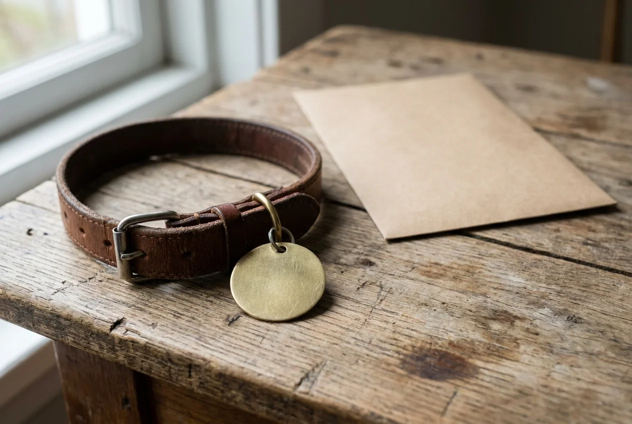 Hundesteuermarke an einem Lederhalsband neben einem Beh&ouml;rdenschreiben