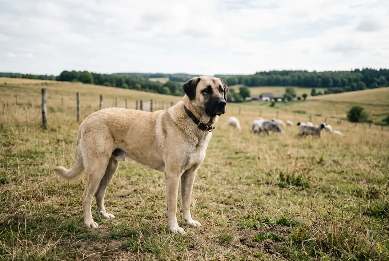 Kangal mit dunkler Maske steht beobachtend auf einer Weide neben einer Schafherde