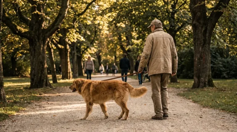 Landeshundegesetz NRW: großer Hund läuft angeleint neben seinem Halter durch einen Park
