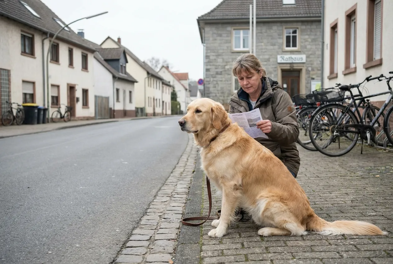 Halterin mit gro&szlig;em angeleinten Hund vor einem Verwaltungsgeb&auml;ude in NRW