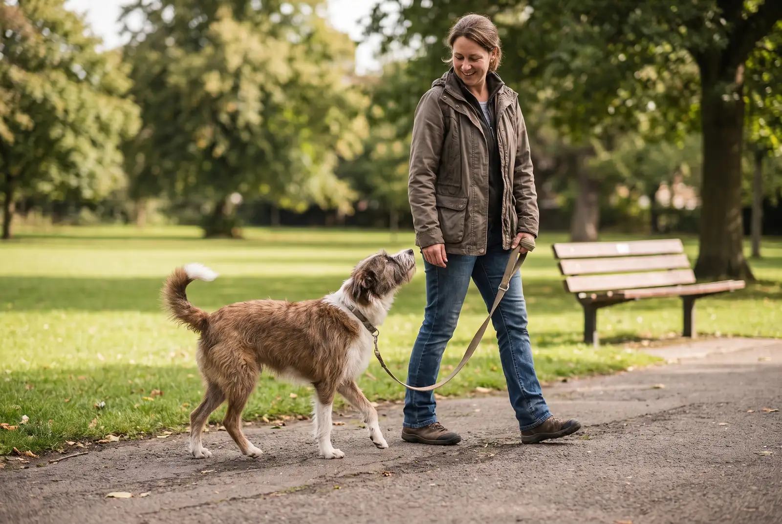 Hund geht locker angeleint neben seiner Halterin durch eine Gr&uuml;nanlage