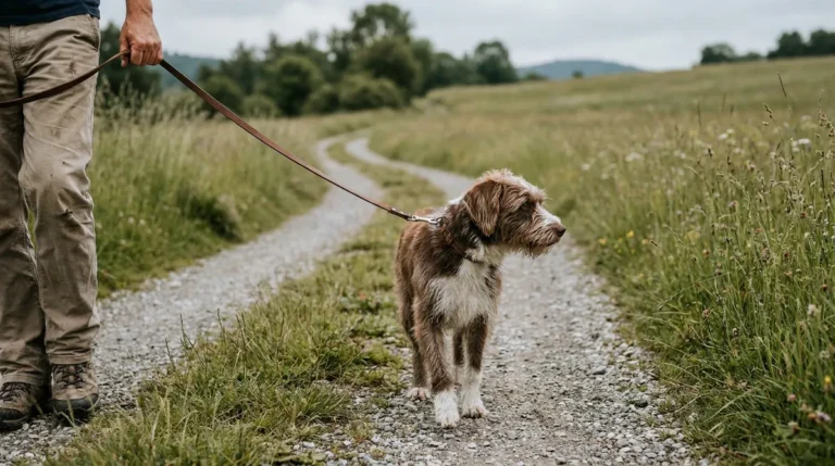 Leinenpflicht für Hunde: Hund läuft angeleint auf einem Feldweg neben seiner Halterin