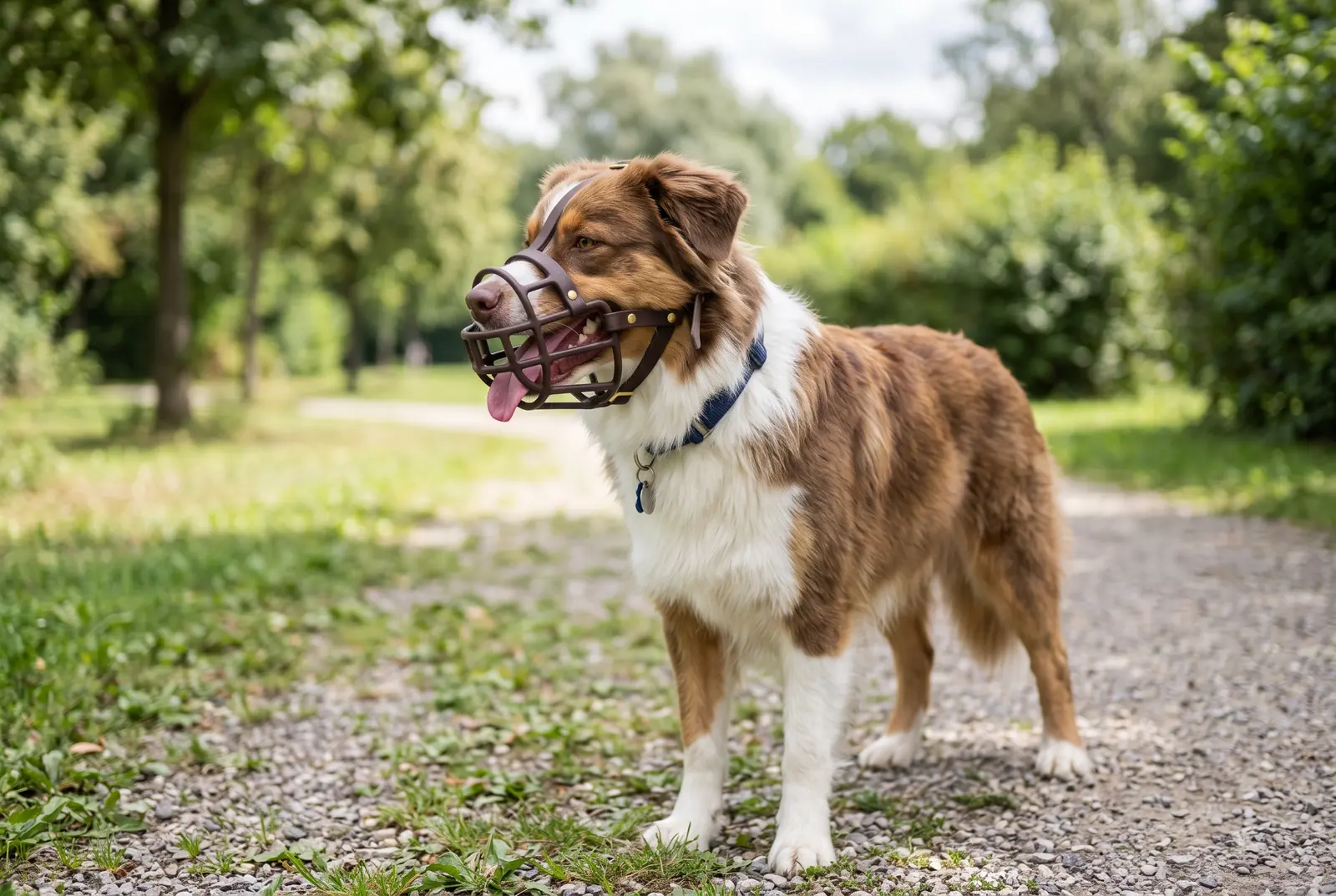 Hund mit gut sitzendem Korbmaulkorb hechelt entspannt