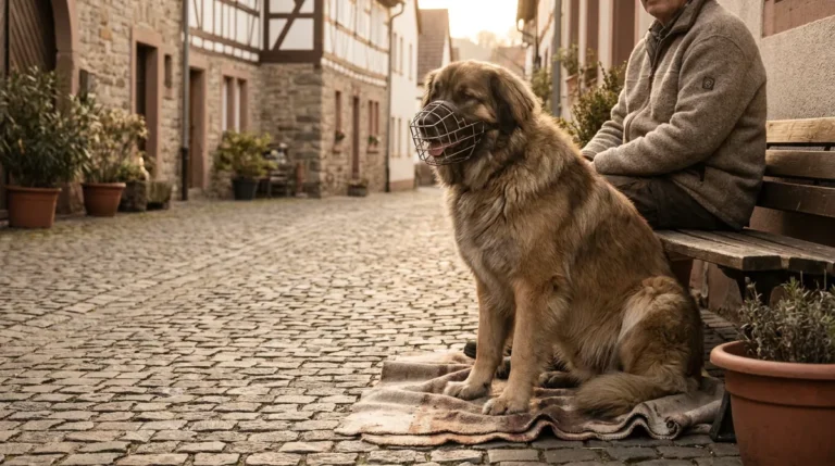 Maulkorbpflicht: Hund trägt einen gut sitzenden Maulkorb und sitzt entspannt neben seiner Halterin
