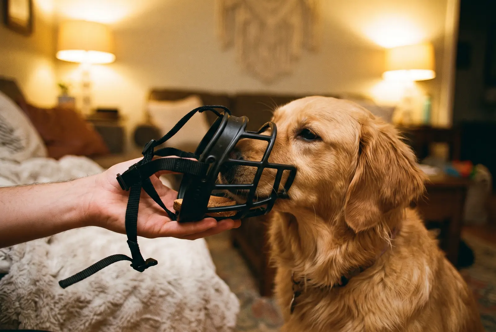 Hund steckt beim Maulkorbtraining freiwillig die Nase in den Korb