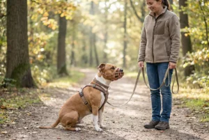 Hund vom Typ Pitbull Terrier sitzt entspannt mit Korbmaulkorb angeleint neben seiner Halterin