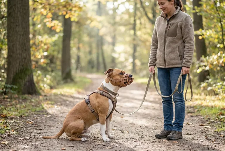 Hund vom Typ Pitbull Terrier sitzt entspannt mit Korbmaulkorb angeleint neben seiner Halterin