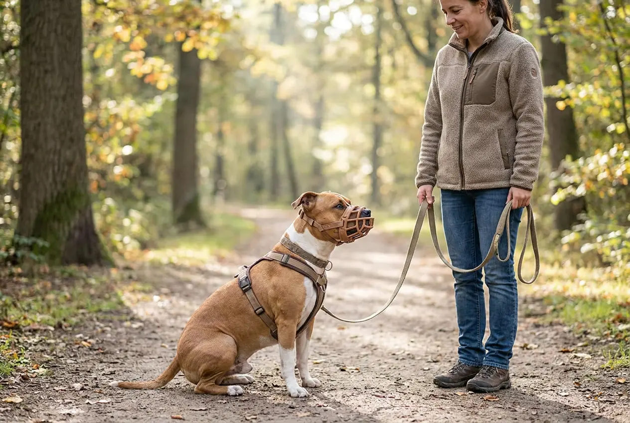 Hund vom Typ Pitbull Terrier sitzt entspannt mit Korbmaulkorb angeleint neben seiner Halterin