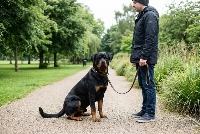 Rottweiler sitzt ruhig angeleint neben seinem Halter am Rand einer Grünanlage