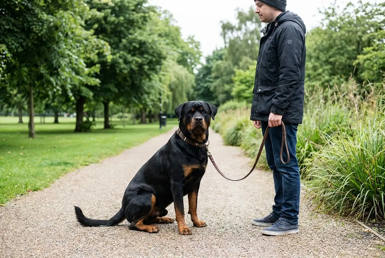 Rottweiler sitzt ruhig angeleint neben seinem Halter am Rand einer Grünanlage