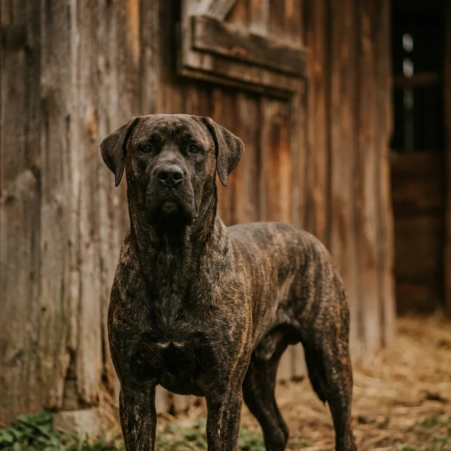 Bandog, kräftiger Mastiff-Mischling, steht ruhig vor einer Holzwand