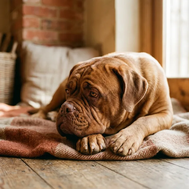 Dogue de Bordeaux mit rotbraunem Fell liegt entspannt im Nachmittagslicht