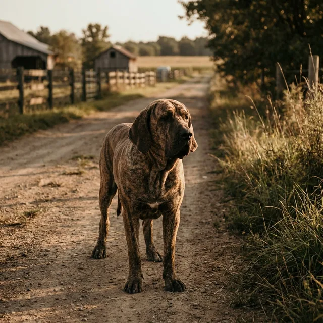 Fila Brasileiro mit Schlappohren steht ruhig auf einem Feldweg