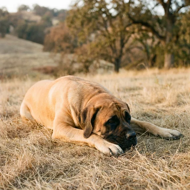 Englischer Mastiff mit dunkler Maske liegt entspannt auf trockenem Gras