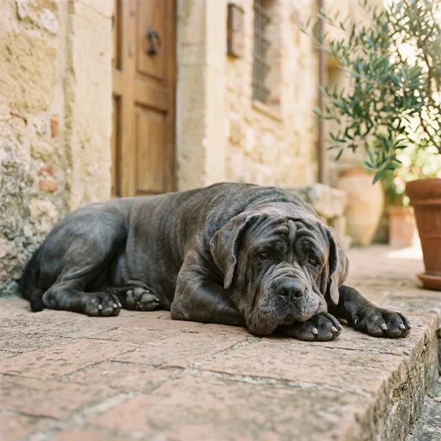 Mastino Napoletano mit typischen Hautfalten ruht in warmem Tageslicht