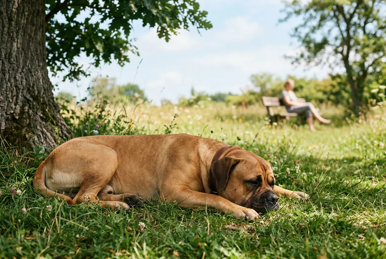 Großer Molosser liegt entspannt im Schatten eines Baumes auf einer Wiese