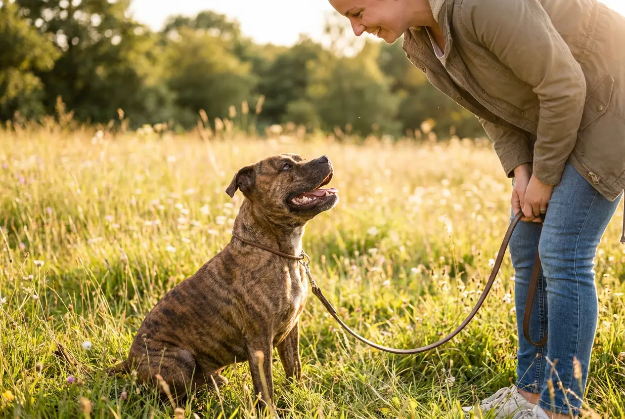 Gestromter Staffordshire Bullterrier sitzt entspannt angeleint auf einer Wiese