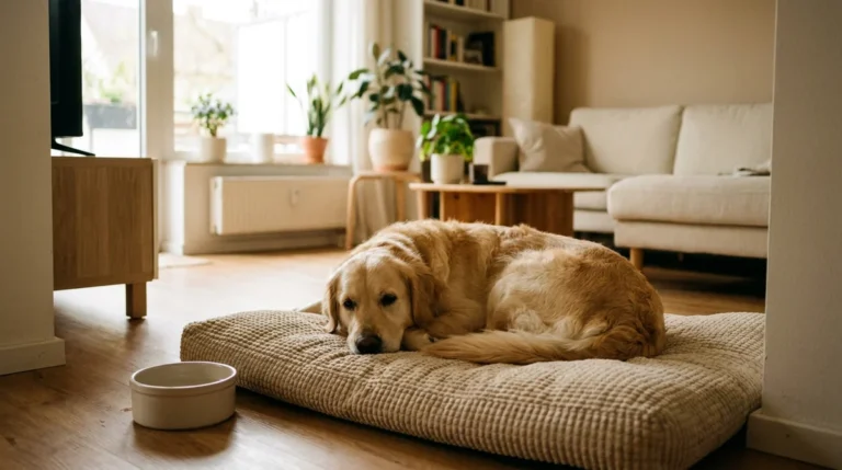 Tierschutz-Hundeverordnung: Hund liegt entspannt auf einem gepolsterten Liegeplatz mit Wassernapf