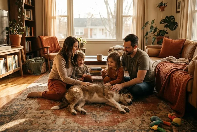 Familie sitzt mit einem entspannten Mischlingshund im Wohnzimmer