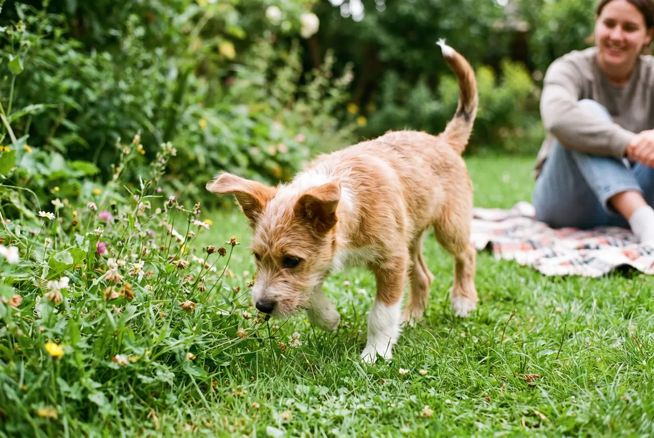 Zwölf Wochen alter Welpe erkundet einen Garten während der Grundimmunisierung
