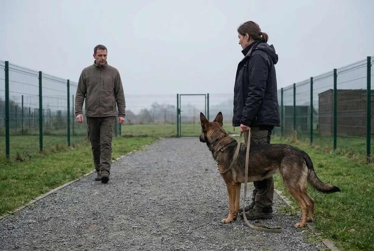 Hund begegnet beim Wesenstest ruhig einer fremden Person, die Leine h&auml;ngt locker
