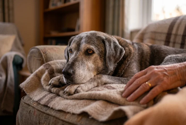 Alter Hund mit grauer Schnauze liegt entspannt auf einer Decke neben der Hand seines Halters